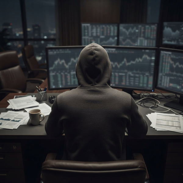 A person in a dark hoodie sits at a desk working late at night while analyzing stock market data on multiple computer screens